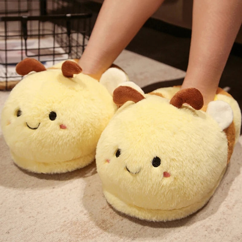 Cute Home Slippers Cartoon Bee Modeling Design 2023 White Warm Adult  Lady Plush Head Silent Indoor Floor Women Fun Slippers ShopOnlyDeal