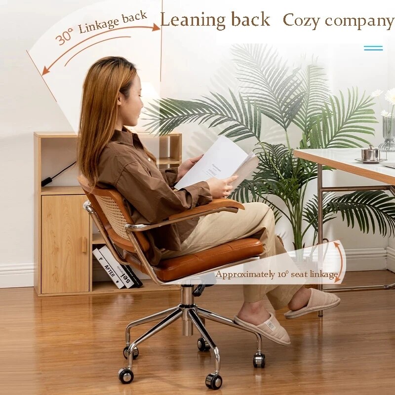 New Japanese Rattan Computer Chair Retro Rotating Chair Comfortable Study Desk Breathable Armrest Rattan Chair Office Furniture ShopOnlyDeal