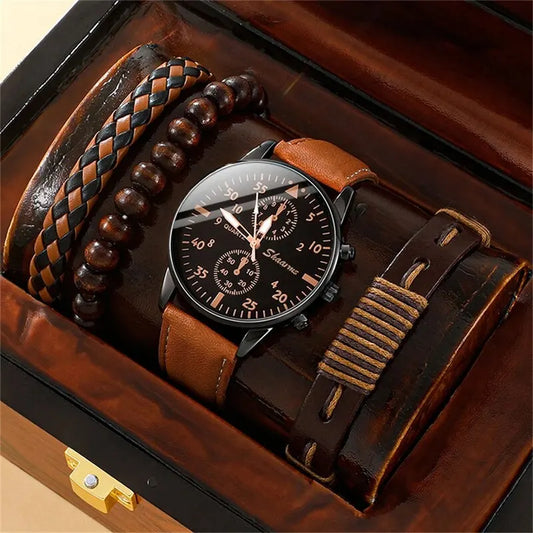 New Men Watch Luxury Bracelet Set Fashion Business Brown Leather Quartz Wrist Watches for Men Gift Set Relogio Masculino ShopOnlyDeal