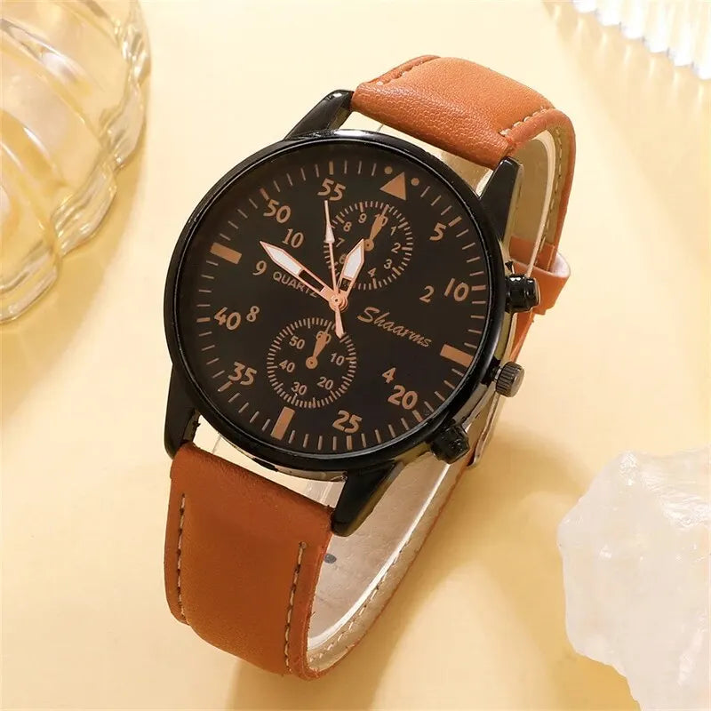 New Men Watch Luxury Bracelet Set Fashion Business Brown Leather Quartz Wrist Watches for Men Gift Set Relogio Masculino ShopOnlyDeal