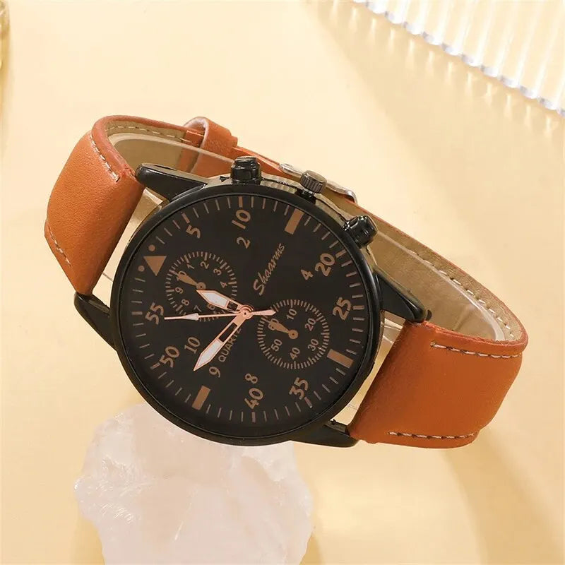 New Men Watch Luxury Bracelet Set Fashion Business Brown Leather Quartz Wrist Watches for Men Gift Set Relogio Masculino ShopOnlyDeal