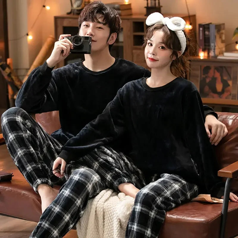 Winter Warm Flannel Plush Winter Couple Pajama New 2024 Sets Long Sleeve O-Neck Pyjamas for Women Men Lover Clothing Sweet Cartoon ShopOnlyDeal