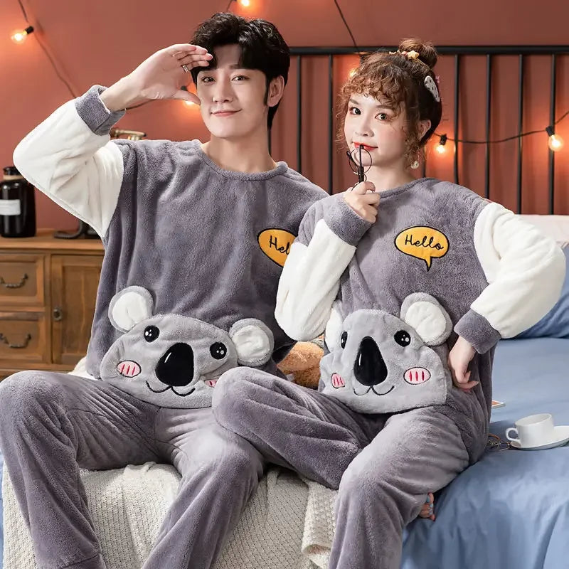 Winter Warm Flannel Plush Winter Couple Pajama New 2024 Sets Long Sleeve O-Neck Pyjamas for Women Men Lover Clothing Sweet Cartoon ShopOnlyDeal