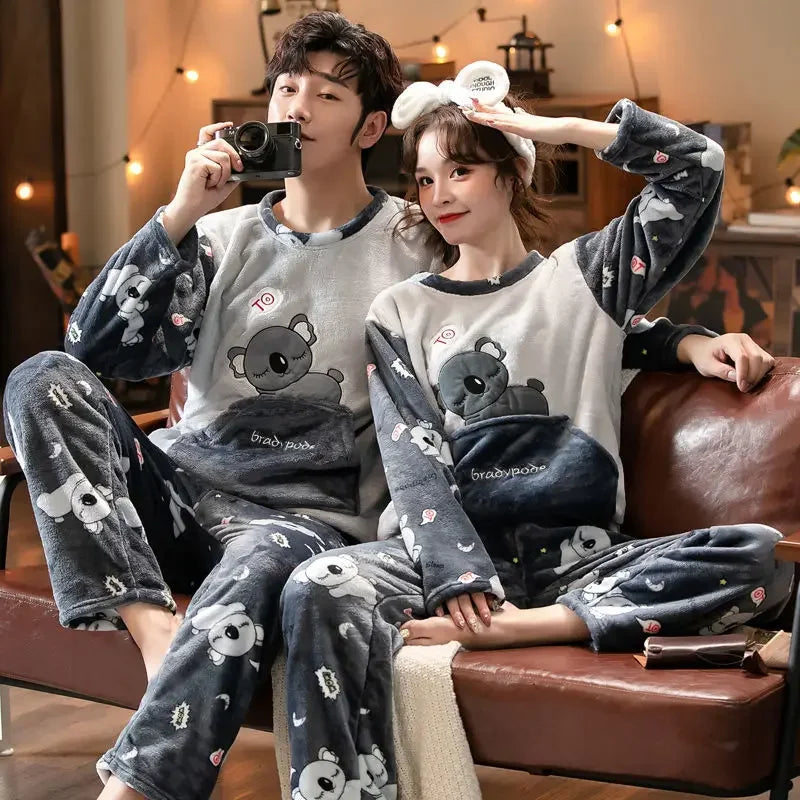 Winter Warm Flannel Plush Winter Couple Pajama New 2024 Sets Long Sleeve O-Neck Pyjamas for Women Men Lover Clothing Sweet Cartoon ShopOnlyDeal