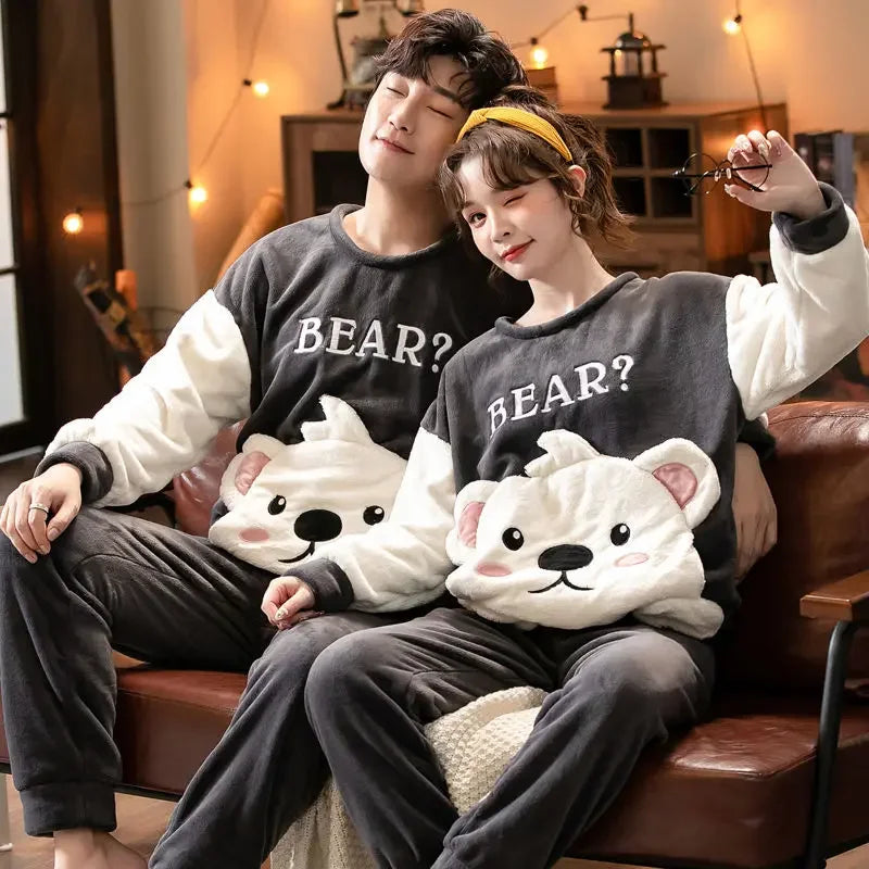 Winter Warm Flannel Plush Winter Couple Pajama New 2024 Sets Long Sleeve O-Neck Pyjamas for Women Men Lover Clothing Sweet Cartoon ShopOnlyDeal