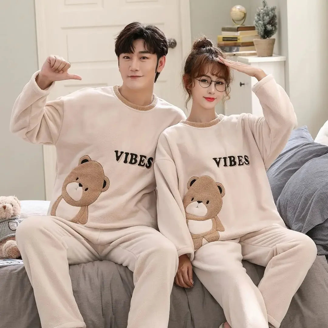 Winter Warm Flannel Plush Winter Couple Pajama New 2024 Sets Long Sleeve O-Neck Pyjamas for Women Men Lover Clothing Sweet Cartoon ShopOnlyDeal