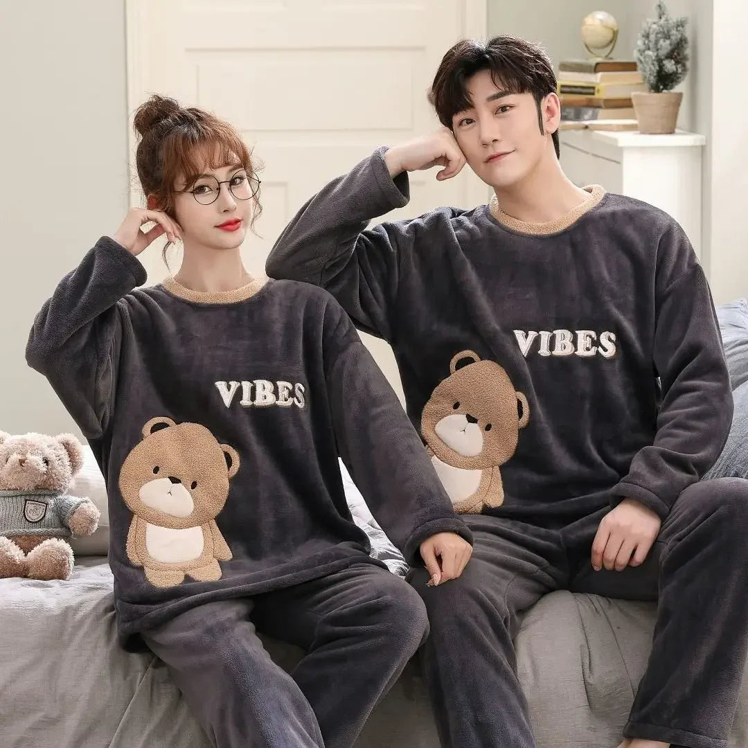 Winter Warm Flannel Plush Winter Couple Pajama New 2024 Sets Long Sleeve O-Neck Pyjamas for Women Men Lover Clothing Sweet Cartoon ShopOnlyDeal