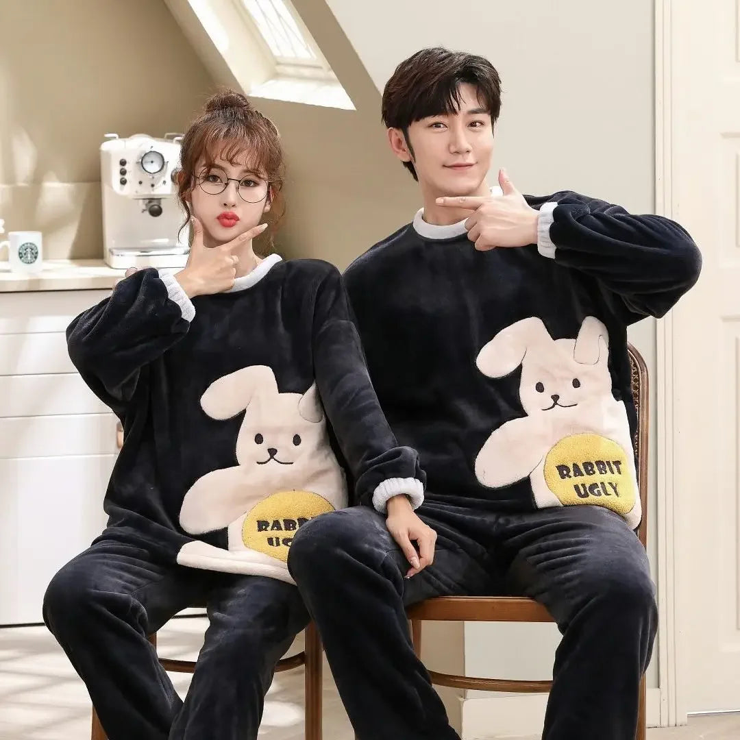 Winter Warm Flannel Plush Winter Couple Pajama New 2024 Sets Long Sleeve O-Neck Pyjamas for Women Men Lover Clothing Sweet Cartoon ShopOnlyDeal