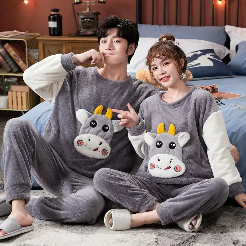 Winter Warm Flannel Plush Winter Couple Pajama New 2024 Sets Long Sleeve O-Neck Pyjamas for Women Men Lover Clothing Sweet Cartoon ShopOnlyDeal