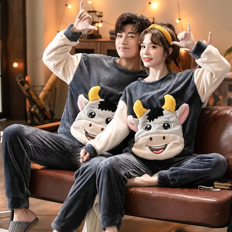 Winter Warm Flannel Plush Winter Couple Pajama New 2024 Sets Long Sleeve O-Neck Pyjamas for Women Men Lover Clothing Sweet Cartoon ShopOnlyDeal