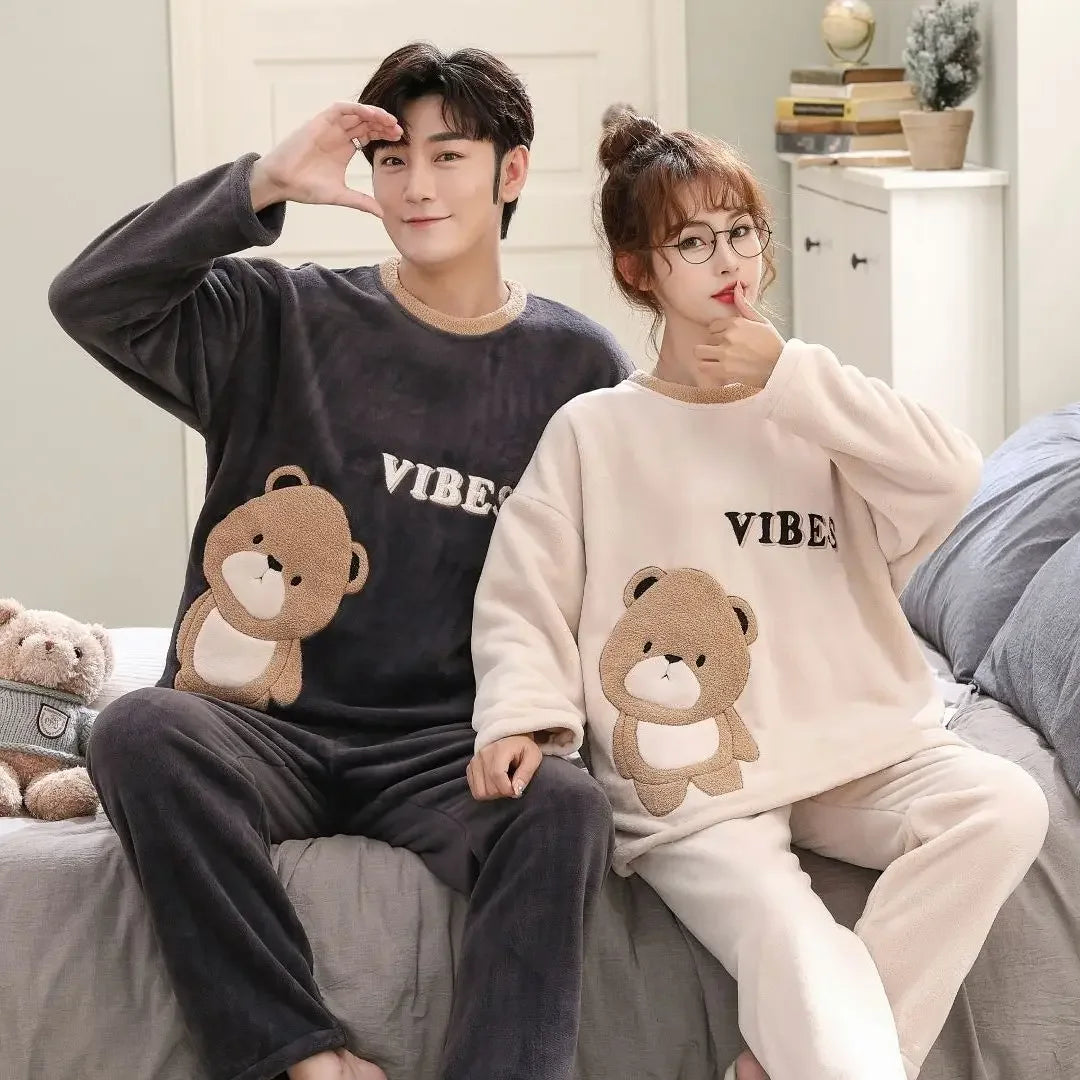 Winter Warm Flannel Plush Winter Couple Pajama New 2024 Sets Long Sleeve O-Neck Pyjamas for Women Men Lover Clothing Sweet Cartoon ShopOnlyDeal