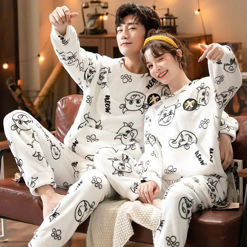 Winter Warm Flannel Plush Winter Couple Pajama New 2024 Sets Long Sleeve O-Neck Pyjamas for Women Men Lover Clothing Sweet Cartoon ShopOnlyDeal