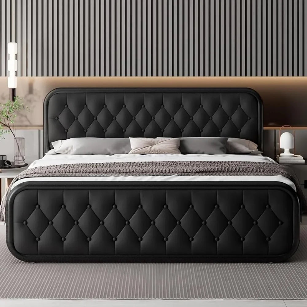 Noise-Free King Size Bed Frame Heavy Duty Bed Frame With Faux Leather Headboard Bedroom Furniture 12" Under-Bed Storage Black ShopOnlyDeal