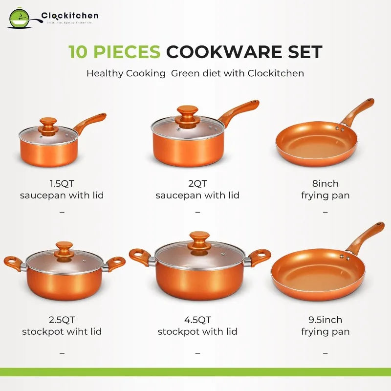 Culinary Excellence: 10-Piece Nonstick Copper Cookware Set - Nonstick Cookware Set Pots and Pans Set Ceramic Coating Saucepan for Cooking Stock Pot with Lid Frying Pan Copper 10 pieces ShopOnlyDeal