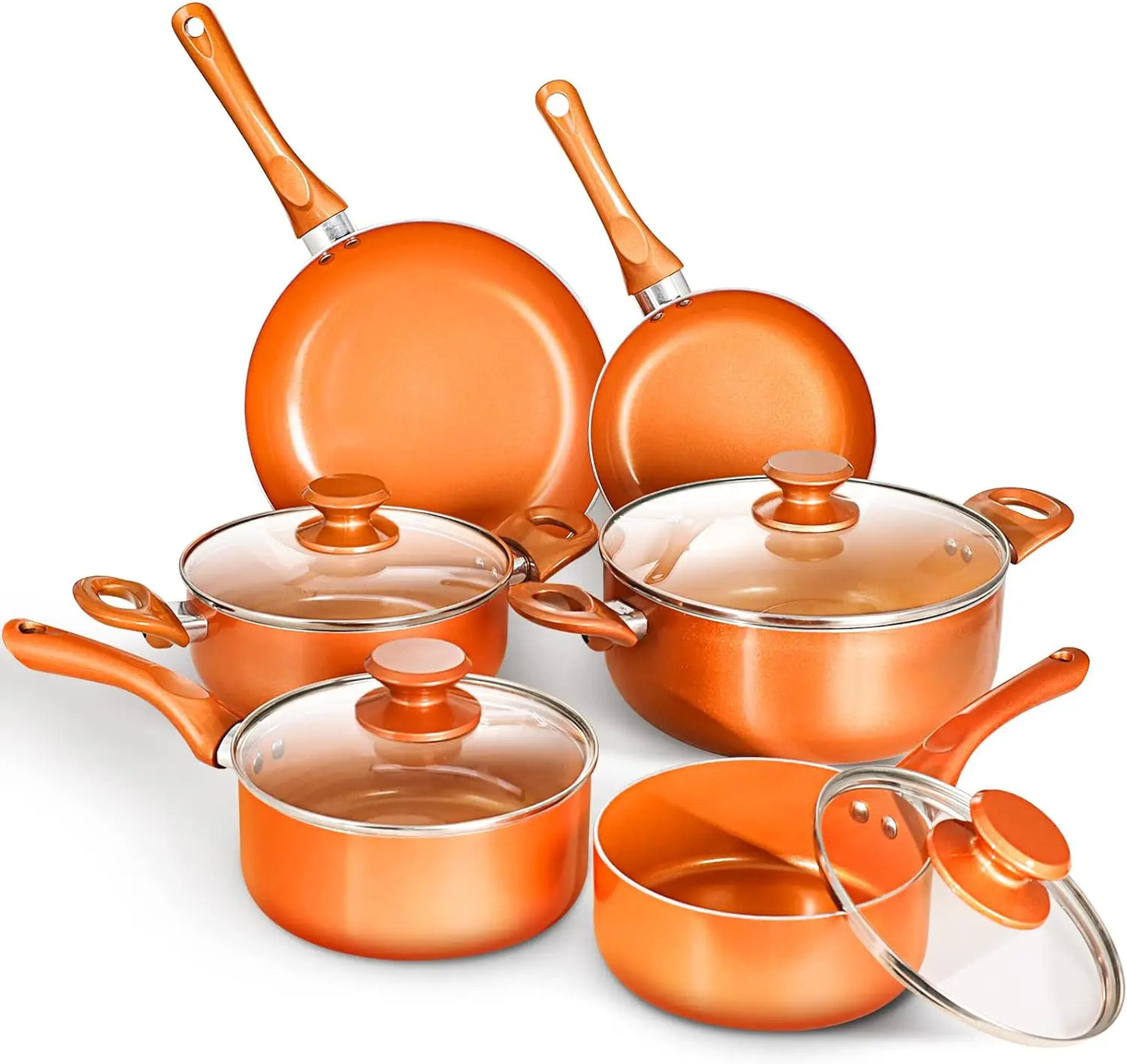 Nonstick Cookware Set Pots and Pans Set Ceramic Coating Saucepan for Cooking Stock Pot with Lid Frying Pan Copper 10 pieces ShopOnlyDeal