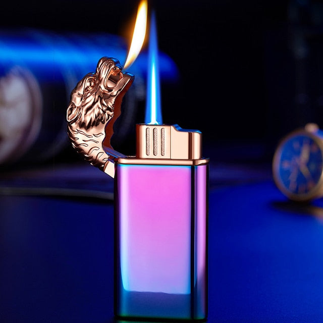 Dragon Lighter Novel Double Fire Blue Flame Metal Crocodile Lighter Butane Jet Turbo Lighter Open Fire Conversion Lighter ShopOnlyDeal