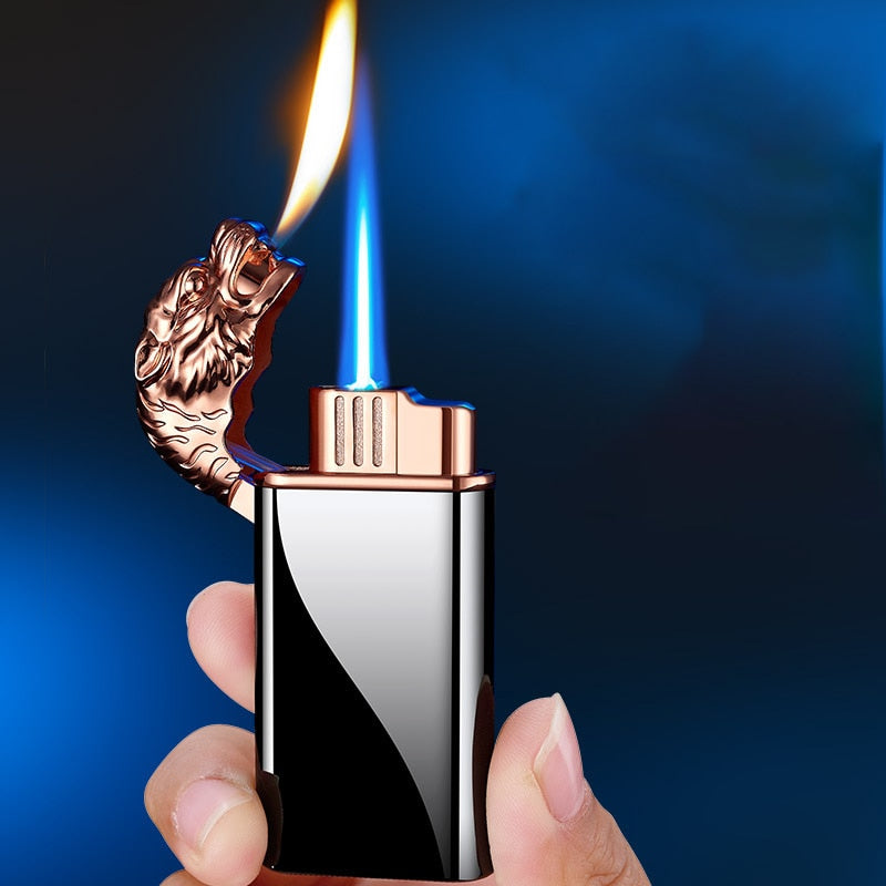 Dragon Lighter Novel Double Fire Blue Flame Metal Crocodile Lighter Butane Jet Turbo Lighter Open Fire Conversion Lighter ShopOnlyDeal