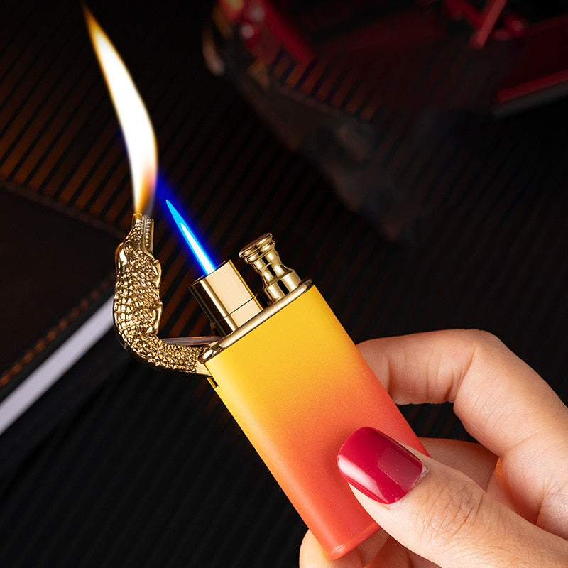 Dragon Lighter Novel Double Fire Blue Flame Metal Crocodile Lighter Butane Jet Turbo Lighter Open Fire Conversion Lighter ShopOnlyDeal