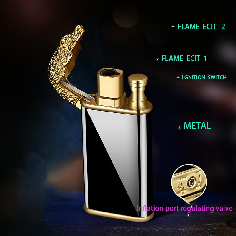 Dragon Lighter Novel Double Fire Blue Flame Metal Crocodile Lighter Butane Jet Turbo Lighter Open Fire Conversion Lighter ShopOnlyDeal