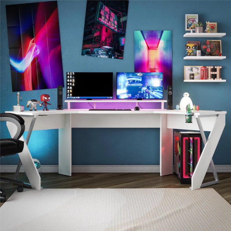 Gaming Corner Desk with Riser & LED Light Kit, White House Of Treasures Store
