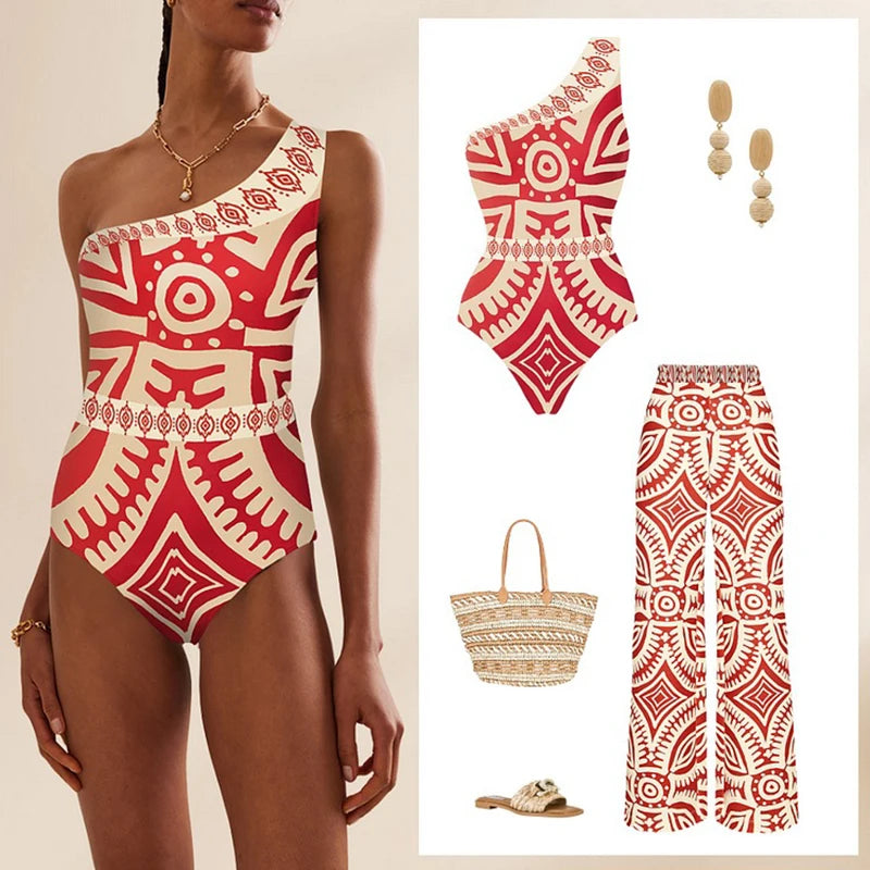 One Shoulder Integrated Swimsuit Personalized Ethnic Style Printing Sexy Bikini Set Beach Swimwear with Chest Pads Pants 2Pcs ShopOnlyDeal