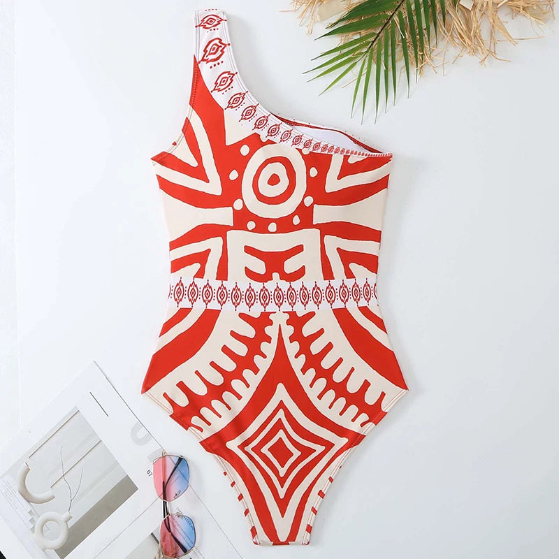 One Shoulder Integrated Swimsuit Personalized Ethnic Style Printing Sexy Bikini Set Beach Swimwear with Chest Pads Pants 2Pcs ShopOnlyDeal