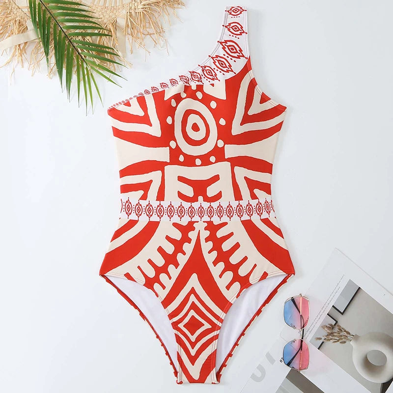 One Shoulder Integrated Swimsuit Personalized Ethnic Style Printing Sexy Bikini Set Beach Swimwear with Chest Pads Pants 2Pcs ShopOnlyDeal