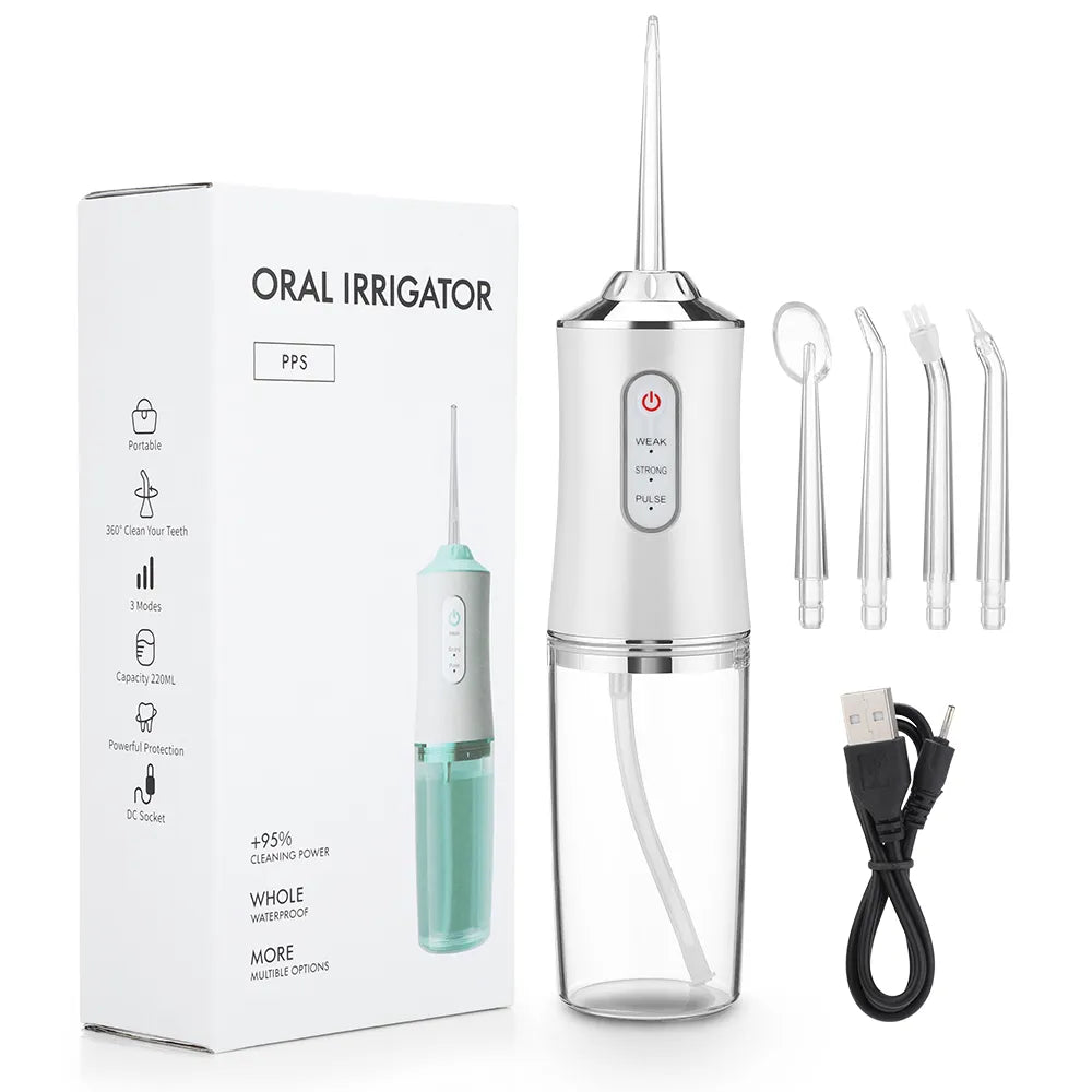 Oral Irrigator Portable Dental Water Flosser USB Rechargeable Water Jet Floss Tooth Pick 4 Jet Tip 220ml 3 Modes IPX7 1400rpm ShopOnlyDeal