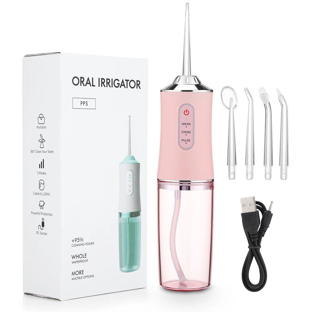 Oral Irrigator Portable Dental Water Flosser USB Rechargeable Water Jet Floss Tooth Pick 4 Jet Tip 220ml 3 Modes IPX7 1400rpm ShopOnlyDeal