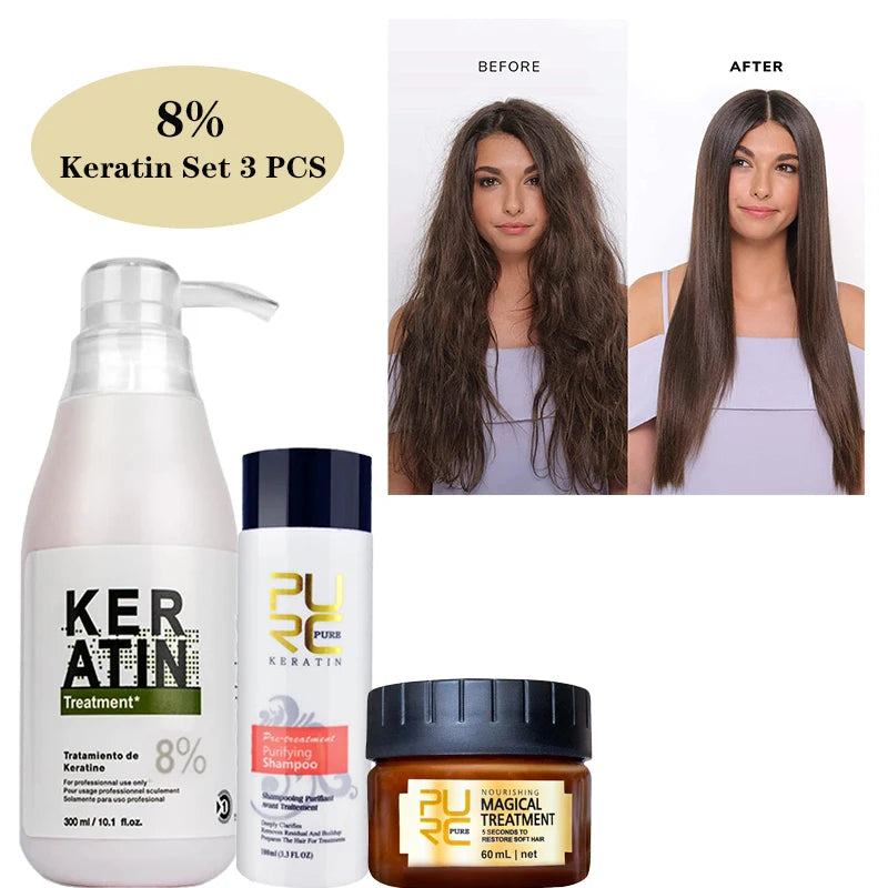 PURC Professional Keratin Hair Treatment Set Brazilian Hair Straightening Cream Smoothing Shampoo Magic Hair Mask Care LocRoyalCosmetics Store