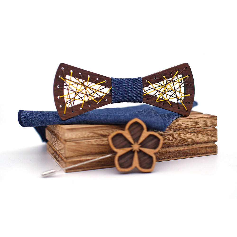 Wooden Bow Tie Set for Mens Handkerchief Wood Bowtie Brooches Wedding Party Cravate Homme Noeud Papillon ShopOnlyDeal