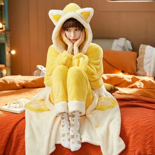 Pajamas Set Women Sweet Cute With Ears Funny Flannel Warm Thicken Autumn Winter Home Suit Soft Loose Sleepwear Pyjamas Color4 GWZXTD-01 Store