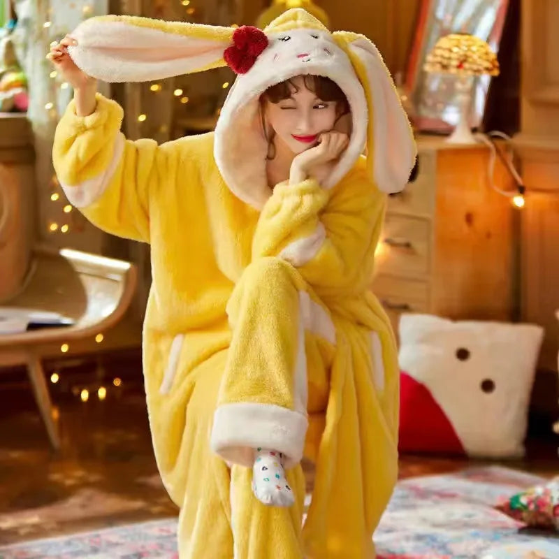 Pajamas Set Women Sweet Cute With Ears Funny Flannel Warm Thicken Autumn Winter Home Suit Soft Loose Sleepwear Pyjamas Color5 GWZXTD-01 Store