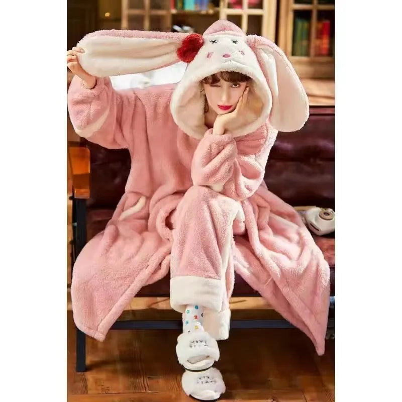 Pajamas Set Women Sweet Cute With Ears Funny Flannel Warm Thicken Autumn Winter Home Suit Soft Loose Sleepwear Pyjamas Color7 GWZXTD-01 Store