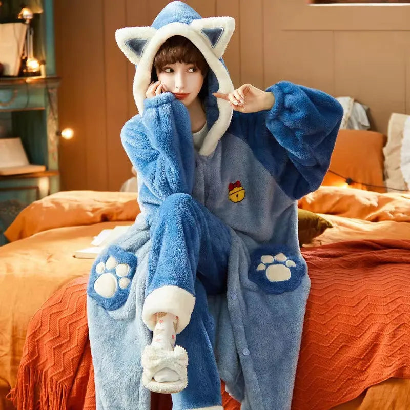 Pajamas Set Women Sweet Cute With Ears Funny Flannel Warm Thicken Autumn Winter Home Suit Soft Loose Sleepwear Pyjamas Color1 GWZXTD-01 Store