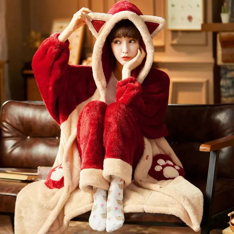 Pajamas Set Women Sweet Cute With Ears Funny Flannel Warm Thicken Autumn Winter Home Suit Soft Loose Sleepwear Pyjamas Color2 GWZXTD-01 Store