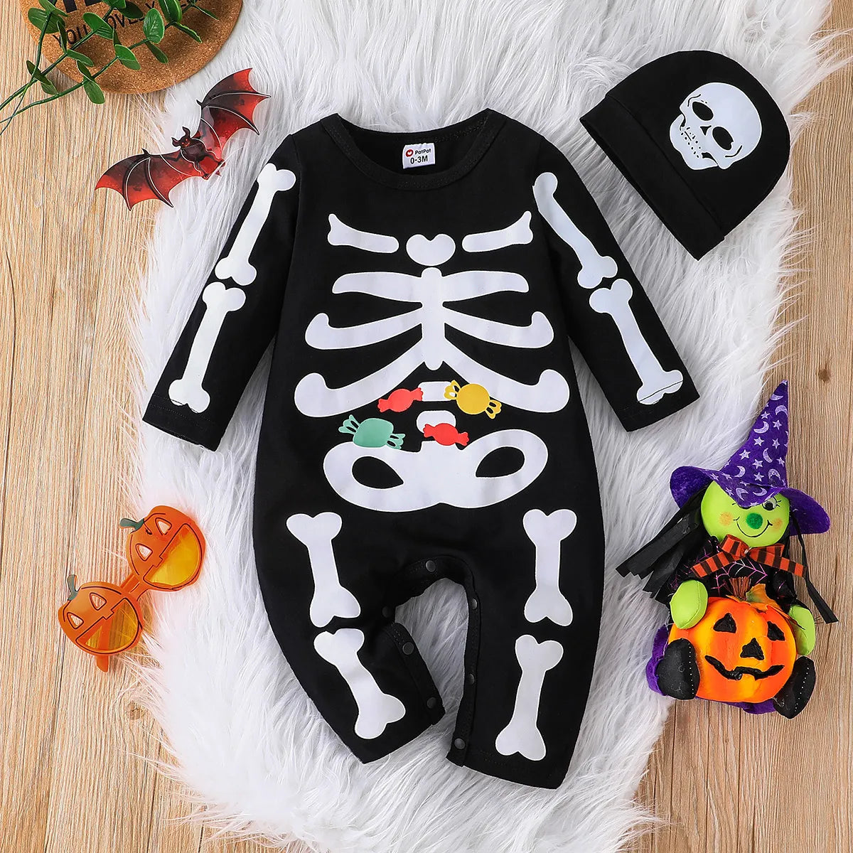 Halloween Baby Costume 2PCS Baby Boy Jumpsuit 95% Cotton Long-sleeve Skeleton Print Jumpsuit with Hat Baby Clothes Sets ShopOnlyDeal