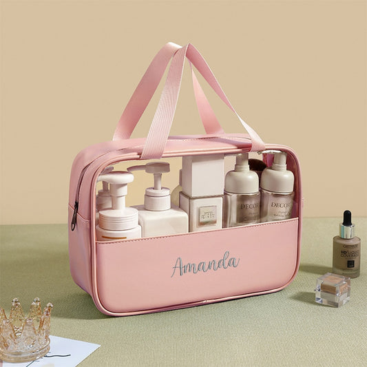 Personalized Embroidery Stitching Cosmetic Bag PVC Translucent Large-Capacity Bath Bag PU Waterproof Portable Travel Storage Bag ShopOnlyDeal