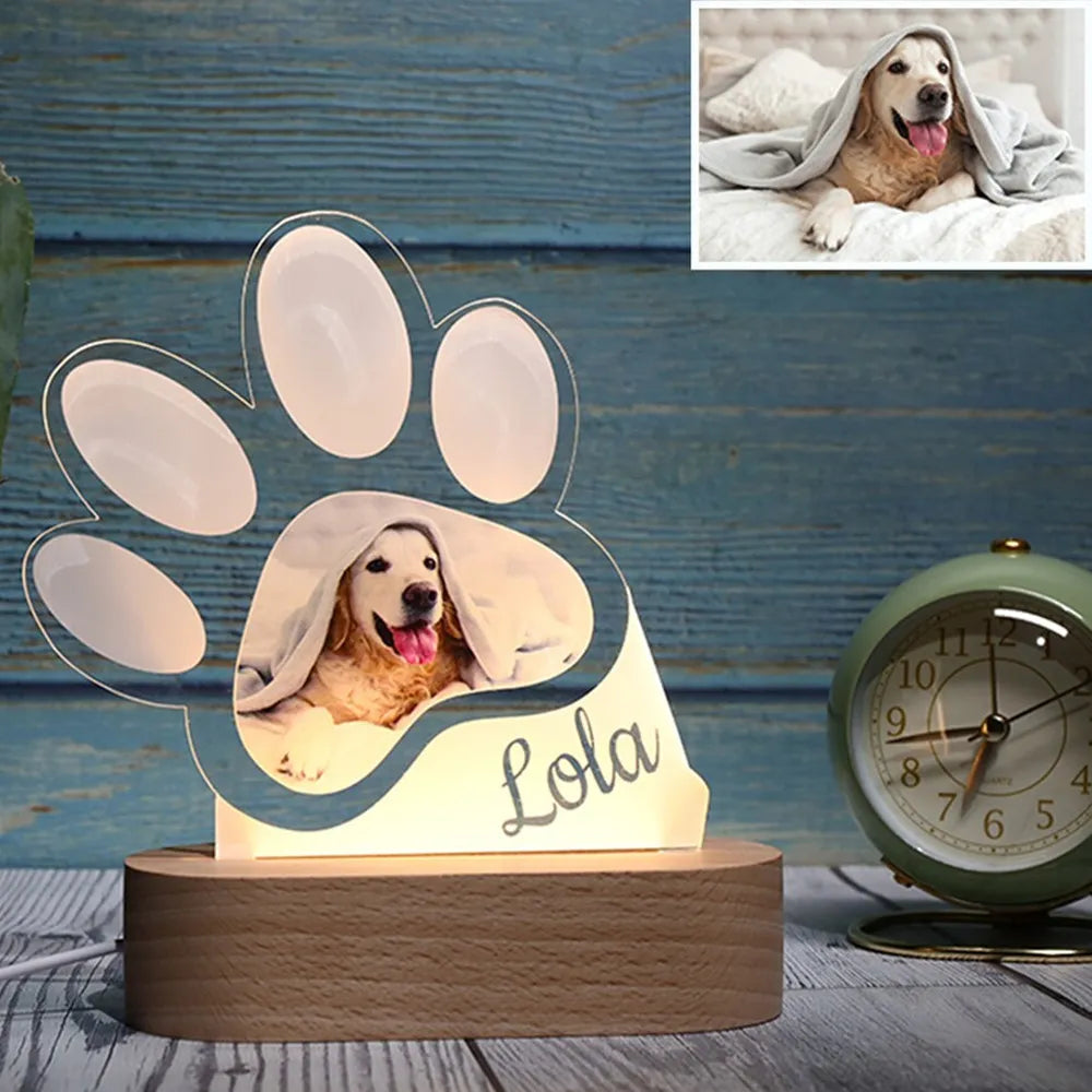 Paw Personalized Pet Dog Cat USB LED Night Light Custom Cute Photo & Name 3D Table Lamp for Dog Lover Gifts Wood Base ShopOnlyDeal