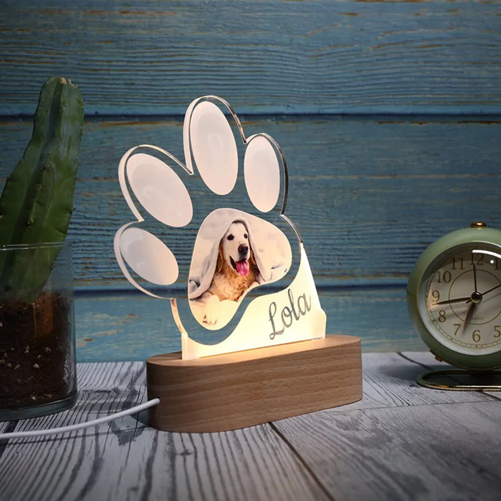 Paw Personalized Pet Dog Cat USB LED Night Light Custom Cute Photo & Name 3D Table Lamp for Dog Lover Gifts Wood Base ShopOnlyDeal