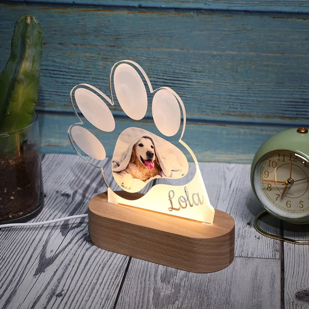 Paw Personalized Pet Dog Cat USB LED Night Light Custom Cute Photo & Name 3D Table Lamp for Dog Lover Gifts Wood Base ShopOnlyDeal