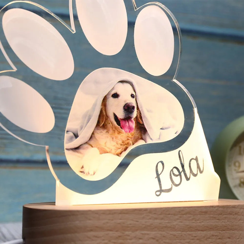 Paw Personalized Pet Dog Cat USB LED Night Light Custom Cute Photo & Name 3D Table Lamp for Dog Lover Gifts Wood Base ShopOnlyDeal