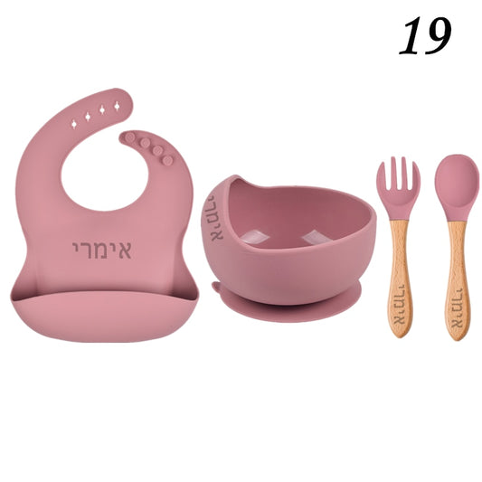 Personalized name Food Grade Baby Feeding Set with Spoon, fork,Silicone Suction Bowls and bib BPA Free - First Stage Self Feed ShopOnlyDeal