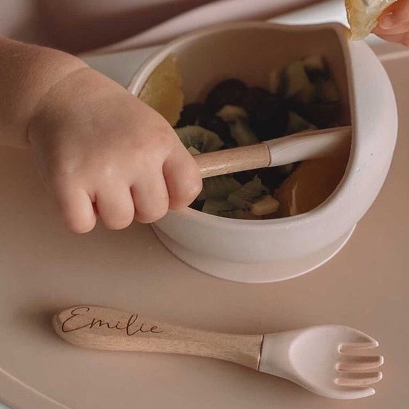 Personalized name Food Grade Baby Feeding Set with Spoon, fork,Silicone Suction Bowls and bib BPA Free - First Stage Self Feed ShopOnlyDeal