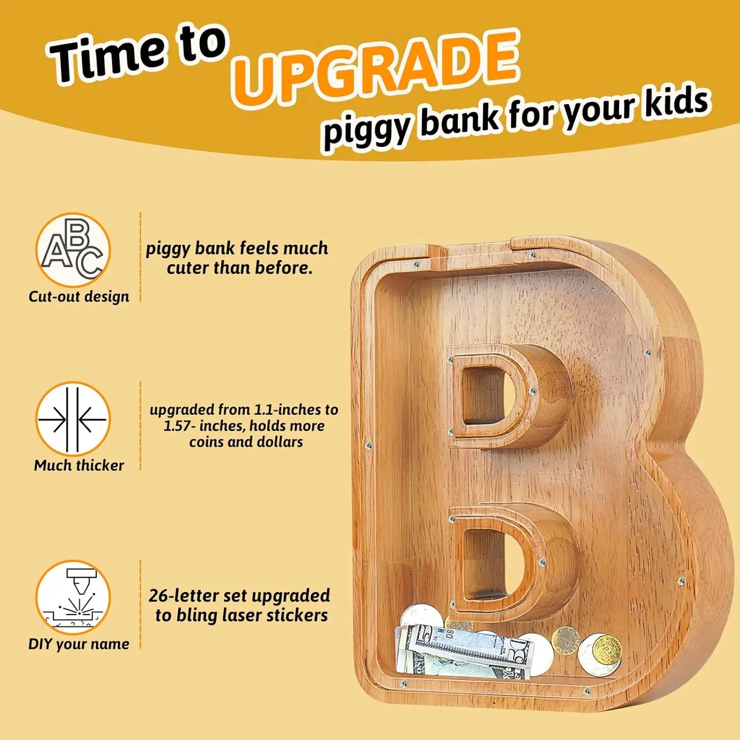 Large Personalized Wooden Letter Piggy Bank for Kids: Alphabet Letter Coin Banks - Unique Money Savings Box ShopOnlyDeal