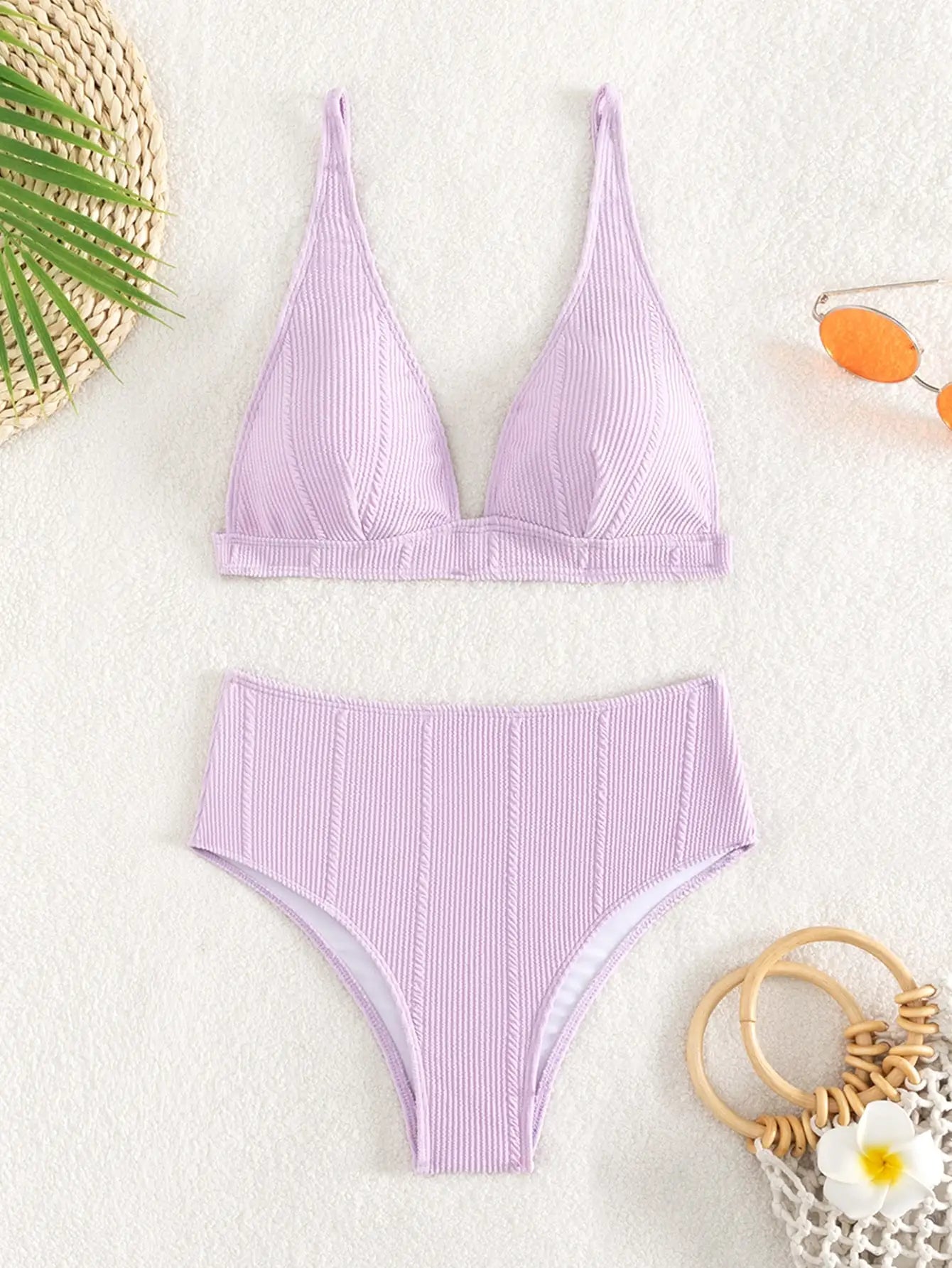 Plain Bikini 2024 Women High Waist Swimsuit Solid Padded Swimwear Female Bathers BathingSwimming Swim Suit Beachwear ShopOnlyDeal