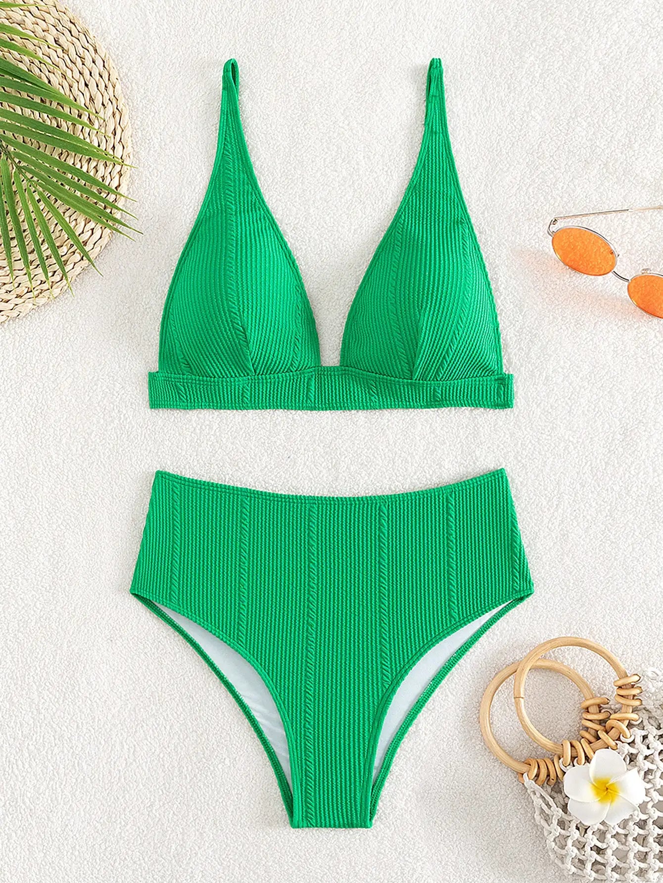 Plain Bikini 2024 Women High Waist Swimsuit Solid Padded Swimwear Female Bathers BathingSwimming Swim Suit Beachwear ShopOnlyDeal