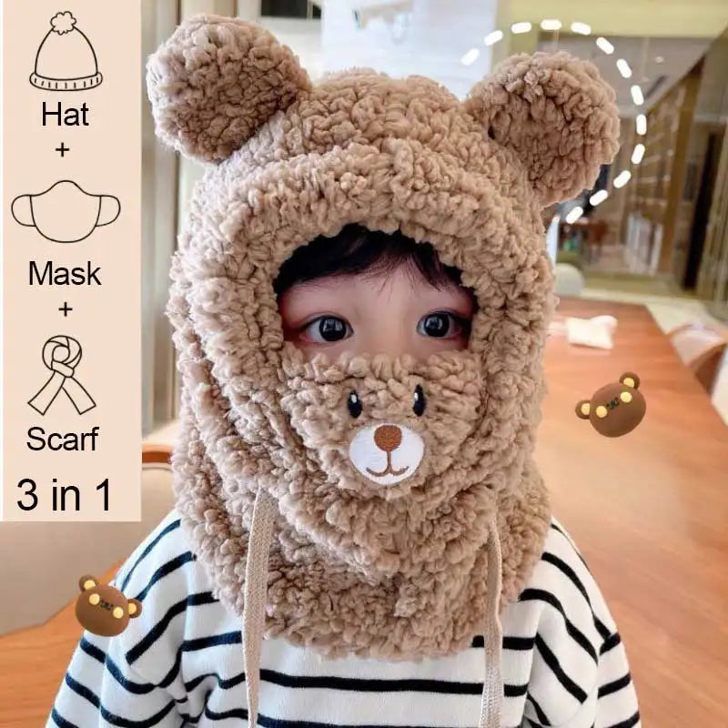 Plush Hat Autumn Winter Cute Children Cartoon Scarf Masked Hood Cap Double Fleece Warmth Boy Girl Adult Parent-child Baby Hat ShopOnlyDeal