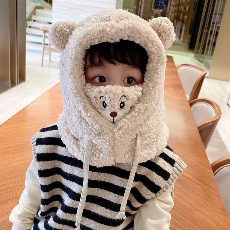 Plush Hat Autumn Winter Cute Children Cartoon Scarf Masked Hood Cap Double Fleece Warmth Boy Girl Adult Parent-child Baby Hat ShopOnlyDeal