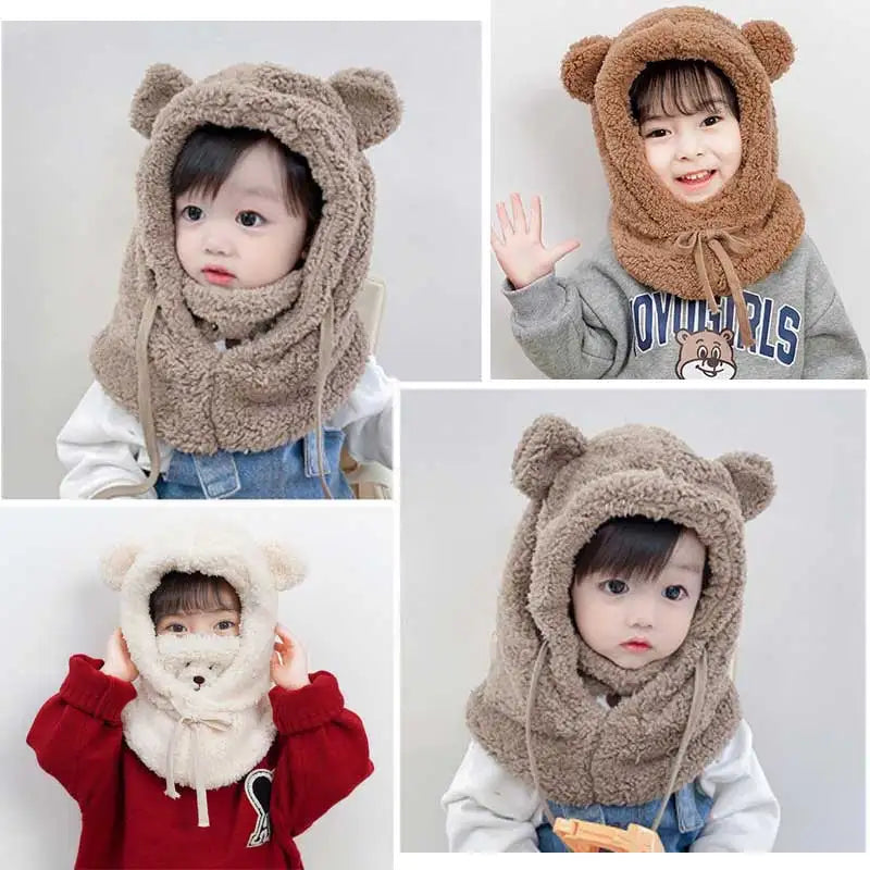 Plush Hat Autumn Winter Cute Children Cartoon Scarf Masked Hood Cap Double Fleece Warmth Boy Girl Adult Parent-child Baby Hat ShopOnlyDeal